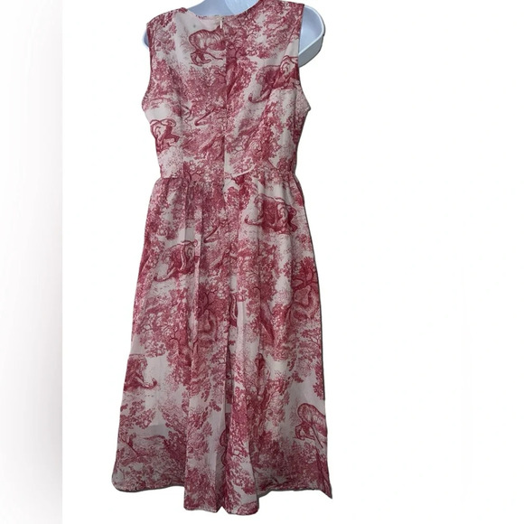 Oush Studio fit and flare red gray animal jungle pleated print dress sz lg - Picture 2 of 3